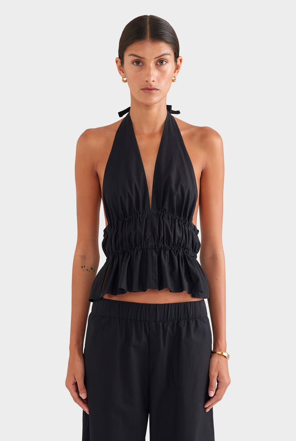 Cotton Poplin Halter Top - Black