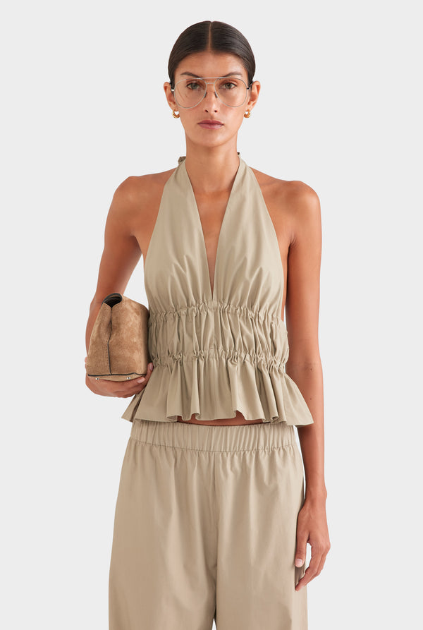 Cotton Poplin Halter Top - Pebble