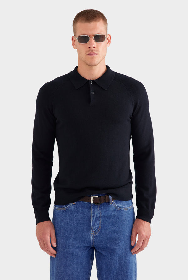 Merino Wool Knit Polo - Black