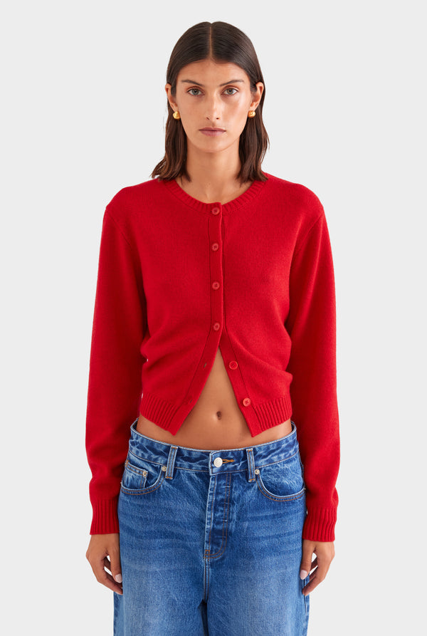 Cinched Merino Wool Cardigan - Red