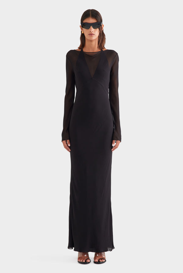 Silk Layered Long Sleeve Maxi Dress - Black