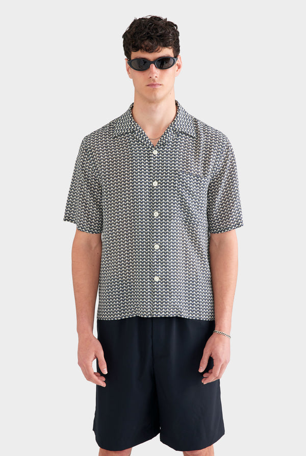 Short Sleeve Silk Camp Collar Shirt - Cream/Navy/Brown V Monogram