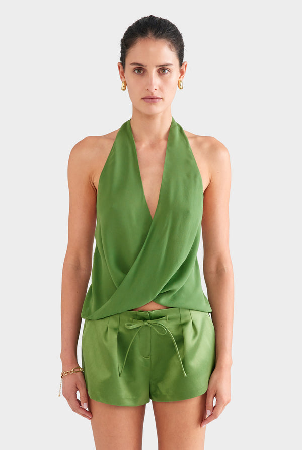 Silk Twist Plunge Top - Ivy Green