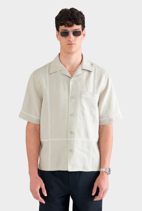 Crochet Stitch Linen Camp Collar Shirt - Fog/White