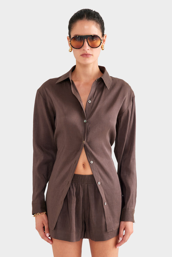 Relaxed Silk Linen Shirt - Chocolate Brown