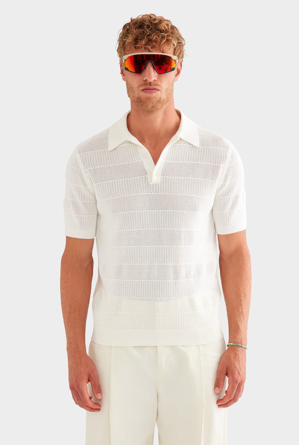 Pointelle Stripe Cotton Polo - Off White