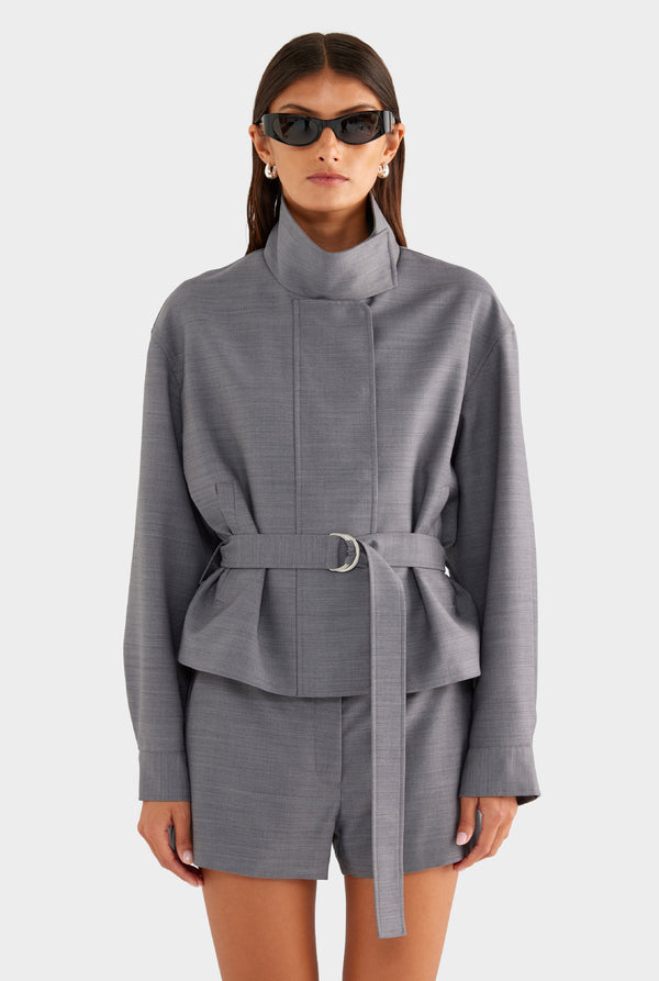 Wool Funnel Neck Jacket - Charcoal Marl - XS