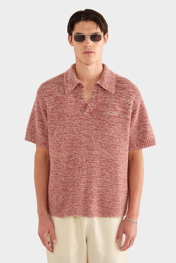 Marled Cotton Linen Polo - Burnt Red/Linen - 55% Linen 45% Cotton / Burnt Red/Linen / XS