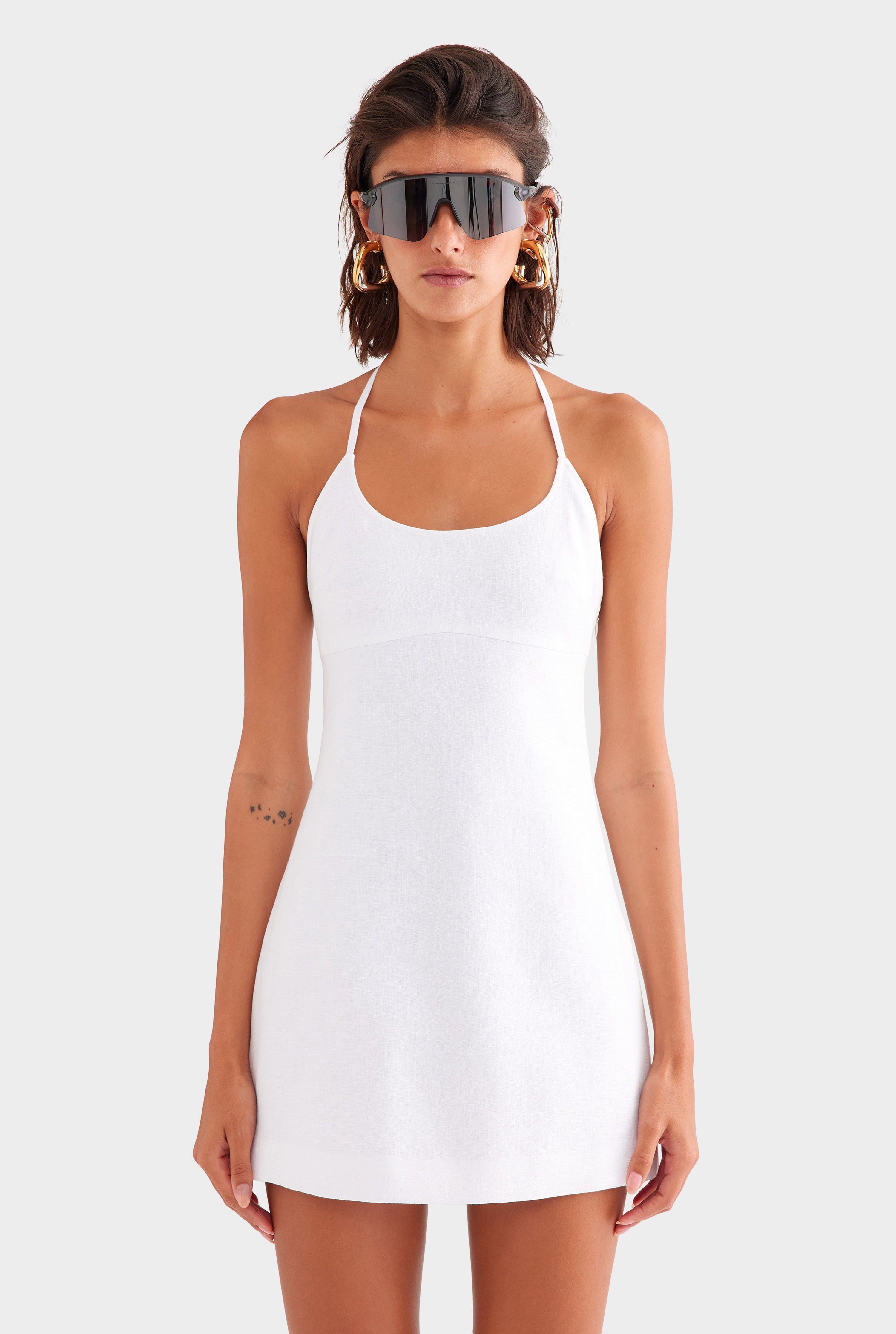 Scoop Neck Linen Halter Mini Dress in White