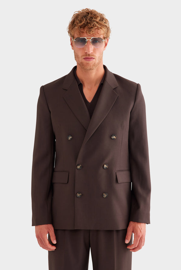 Tailored Wool Double Breasted Suit Jacket - Dark Chocolate