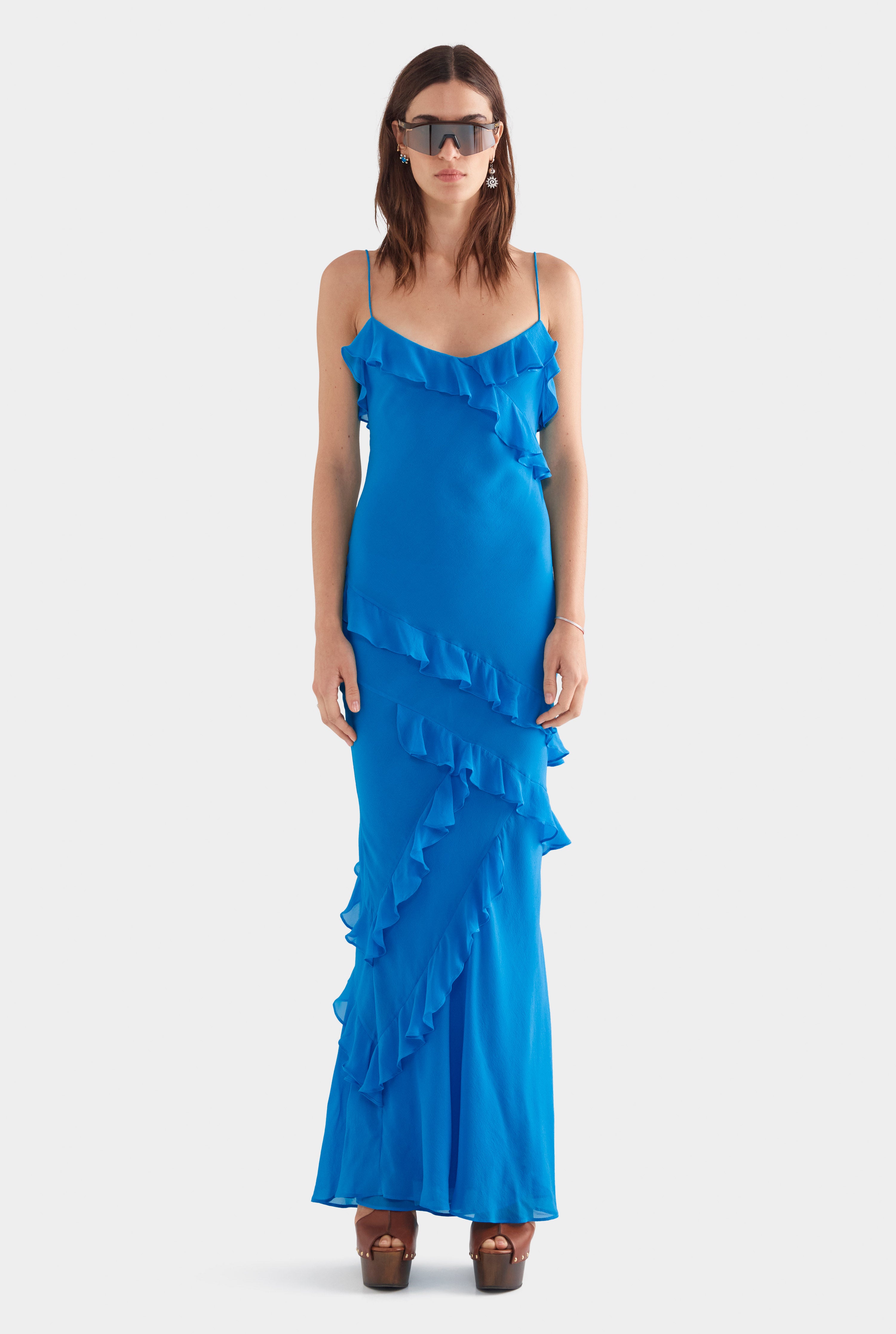 silk ruffle dress Womens Silk Ruffle Slip Dress in Bright Blue