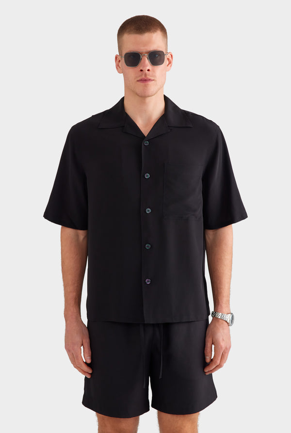Short Sleeve Silk Camp Collar Shirt - Black