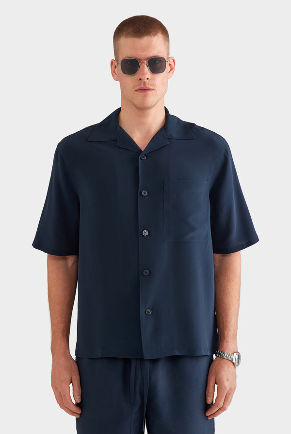 Short Sleeve Silk Camp Collar Shirt - Navy