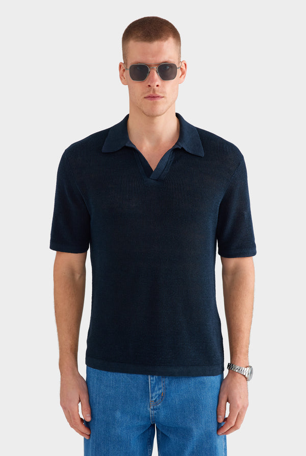 Rib Knit Open Neck Polo - Navy