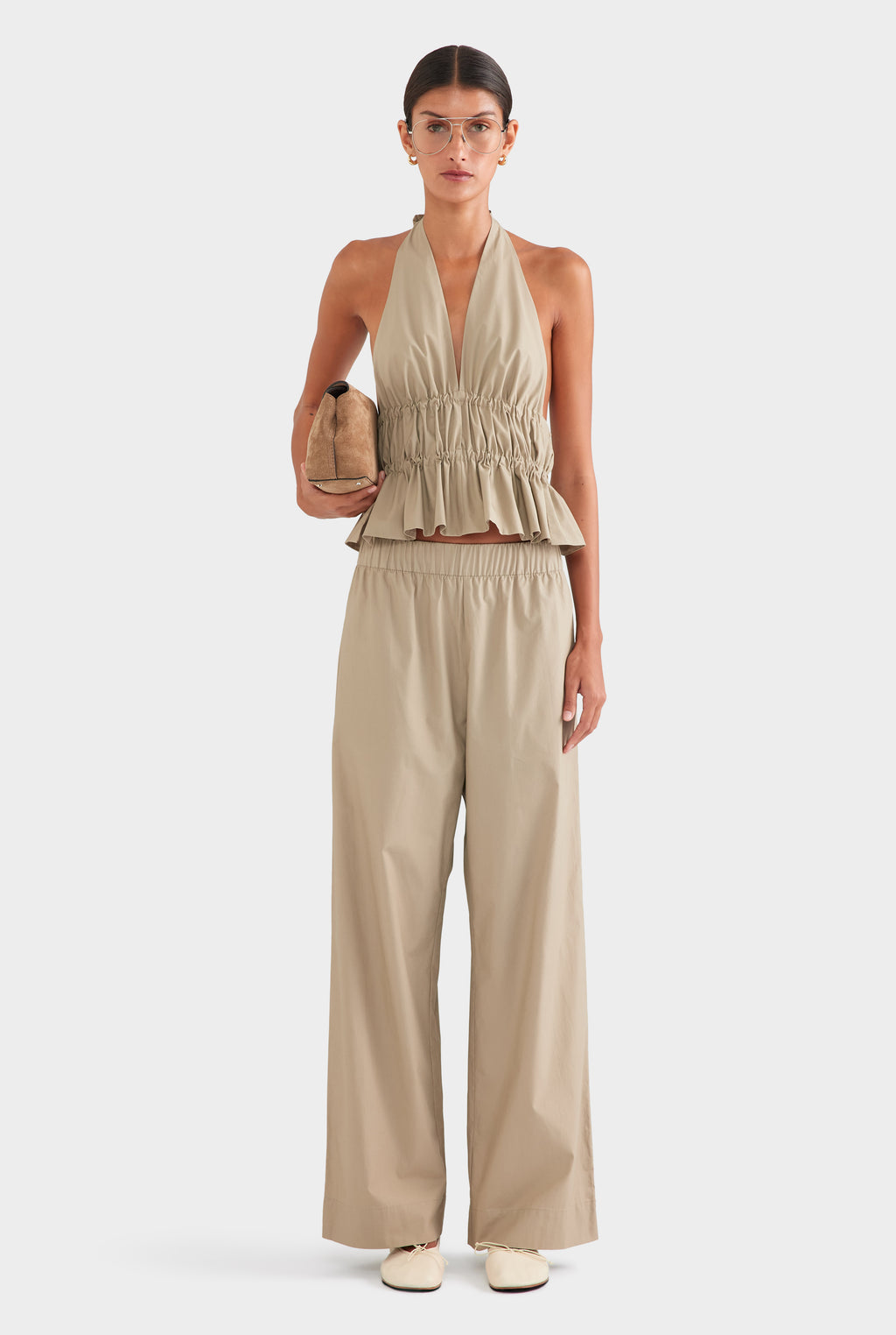 Cotton Poplin Halter Top - Pebble