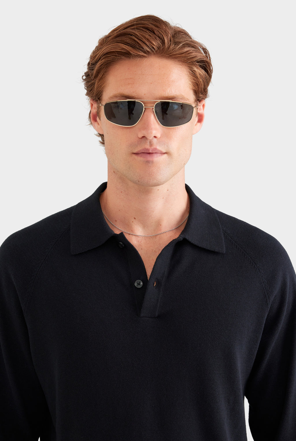 Long Sleeve Cotton Raglan Knit Polo - Black