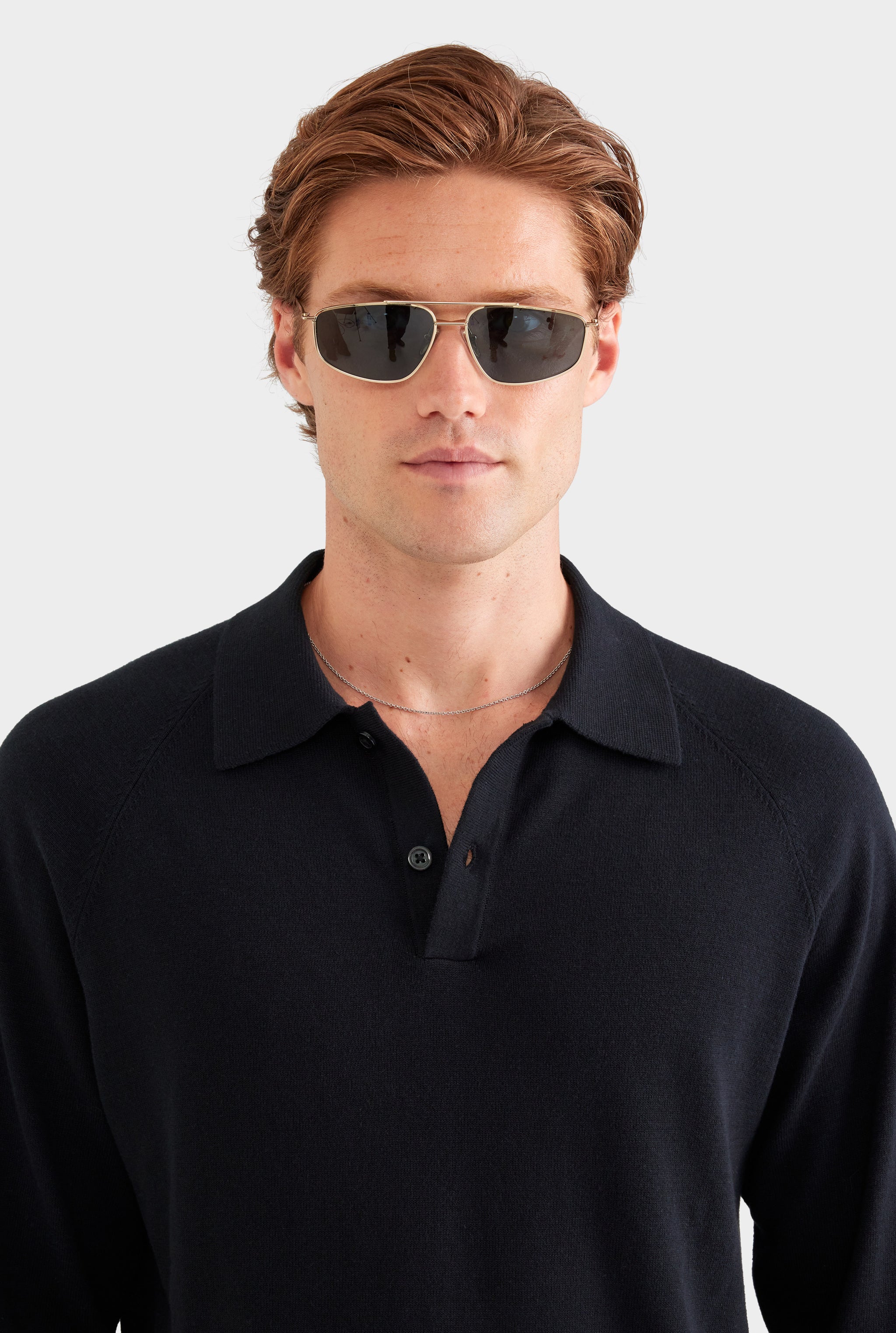 Long Sleeve Cotton Raglan Knit Polo - Black