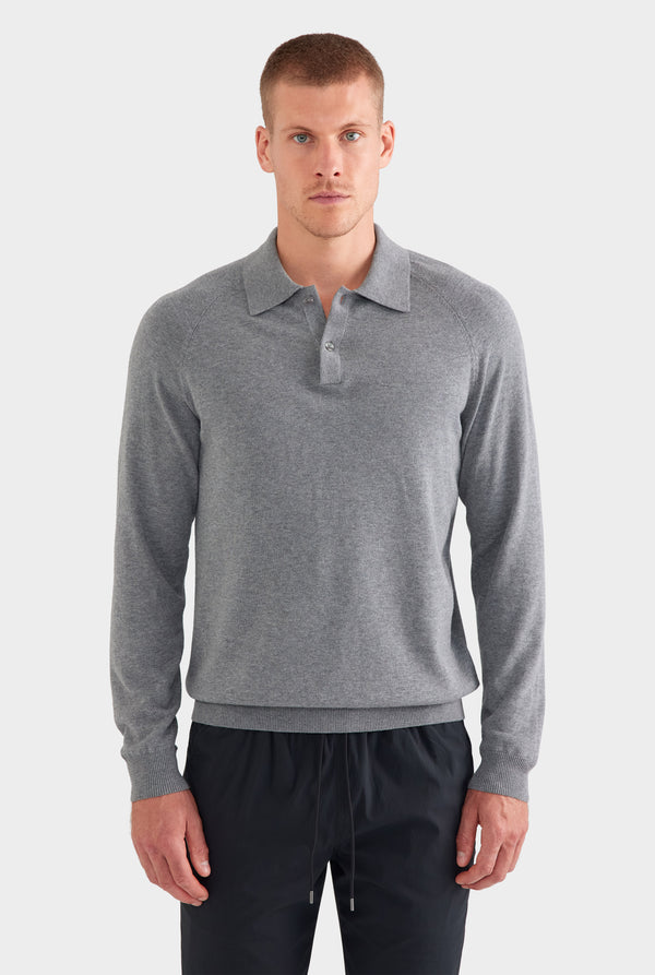 Long Sleeve Cotton Raglan Knit Polo - Dark Grey Marl