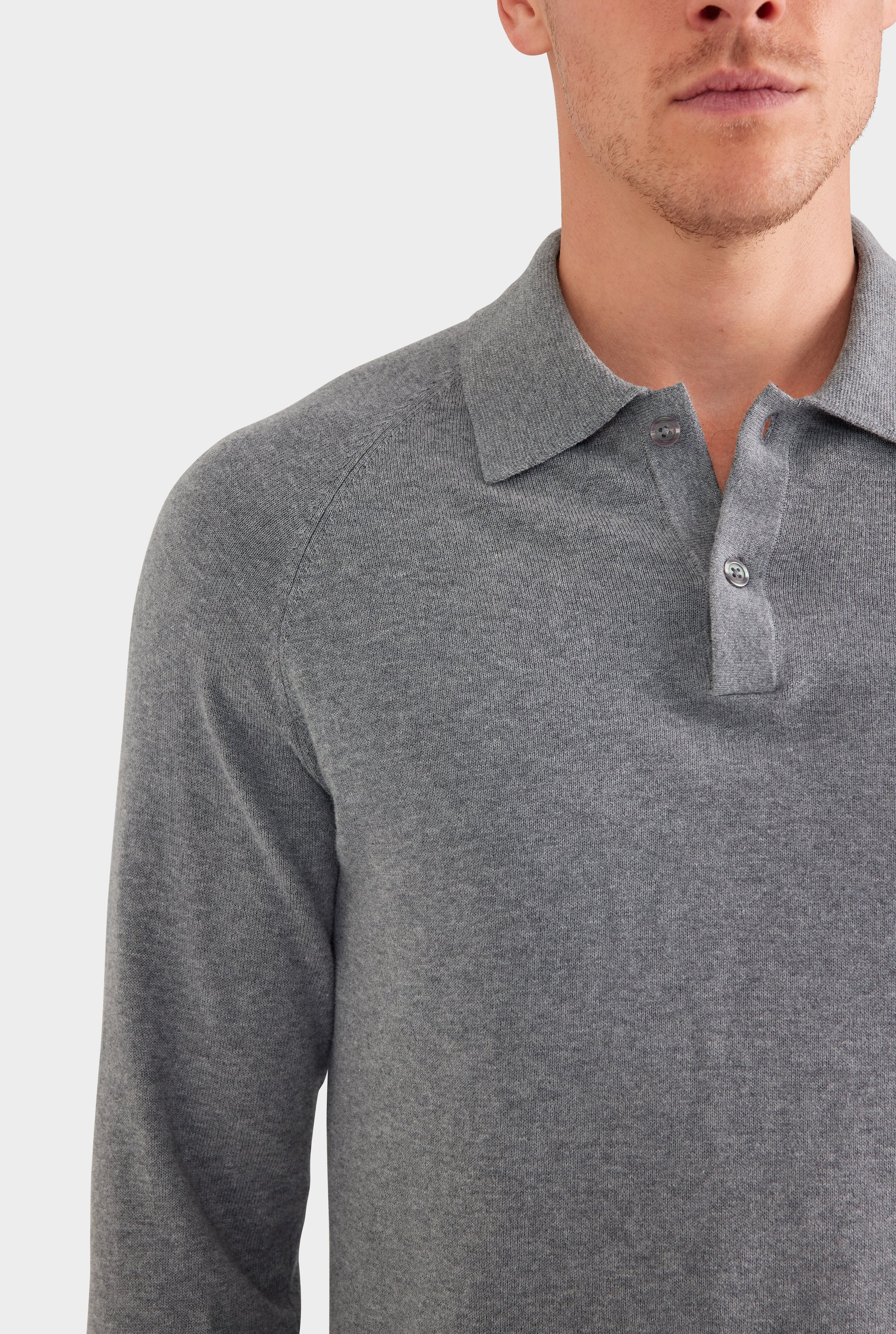 Long Sleeve Cotton Raglan Knit Polo - Dark Grey Marl