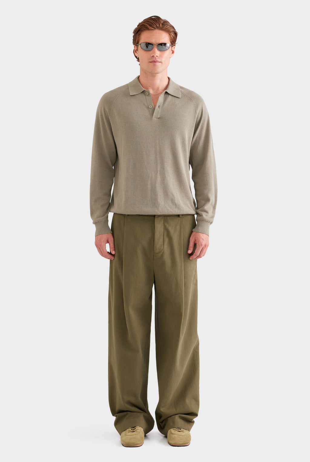 Long Sleeve Cotton Raglan Knit Polo - Smokey Olive