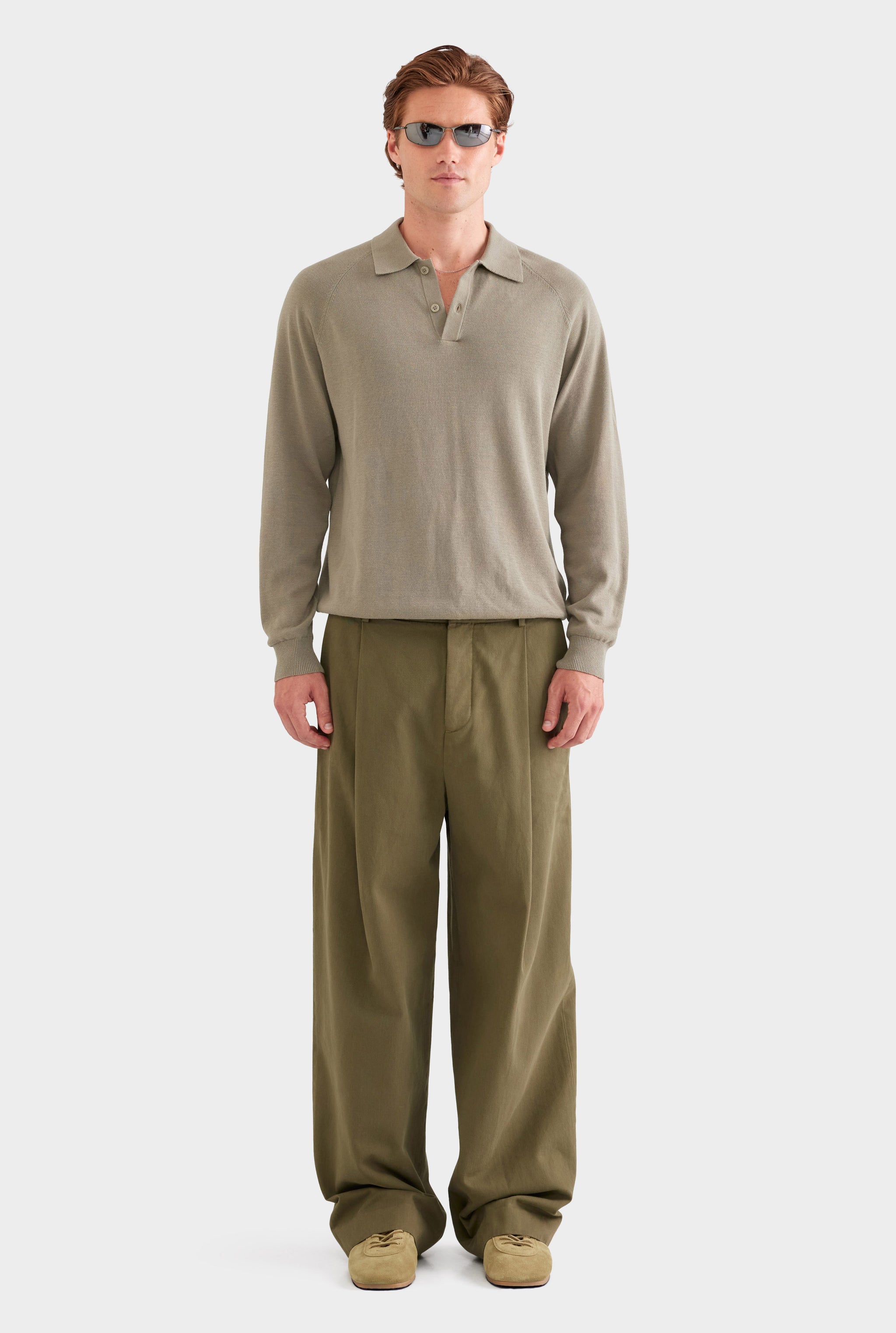 Long Sleeve Cotton Raglan Knit Polo - Smokey Olive