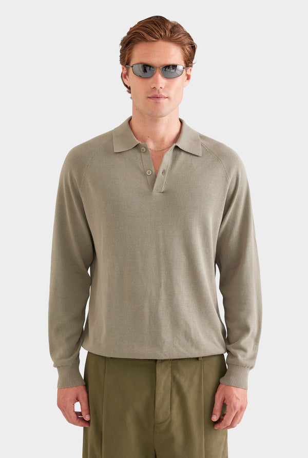 Long Sleeve Cotton Raglan Knit Polo - Smokey Olive