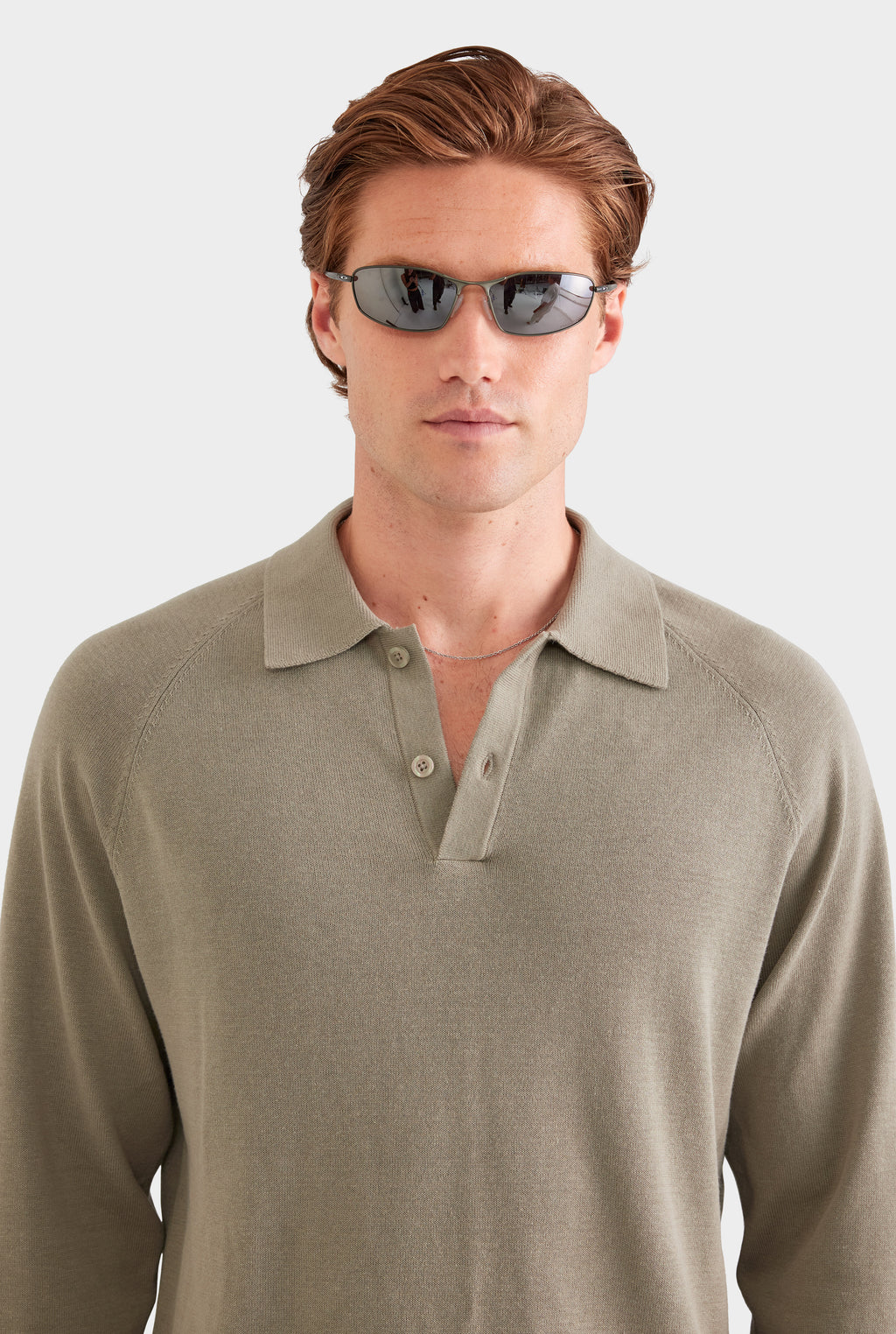 Long Sleeve Cotton Raglan Knit Polo - Smokey Olive