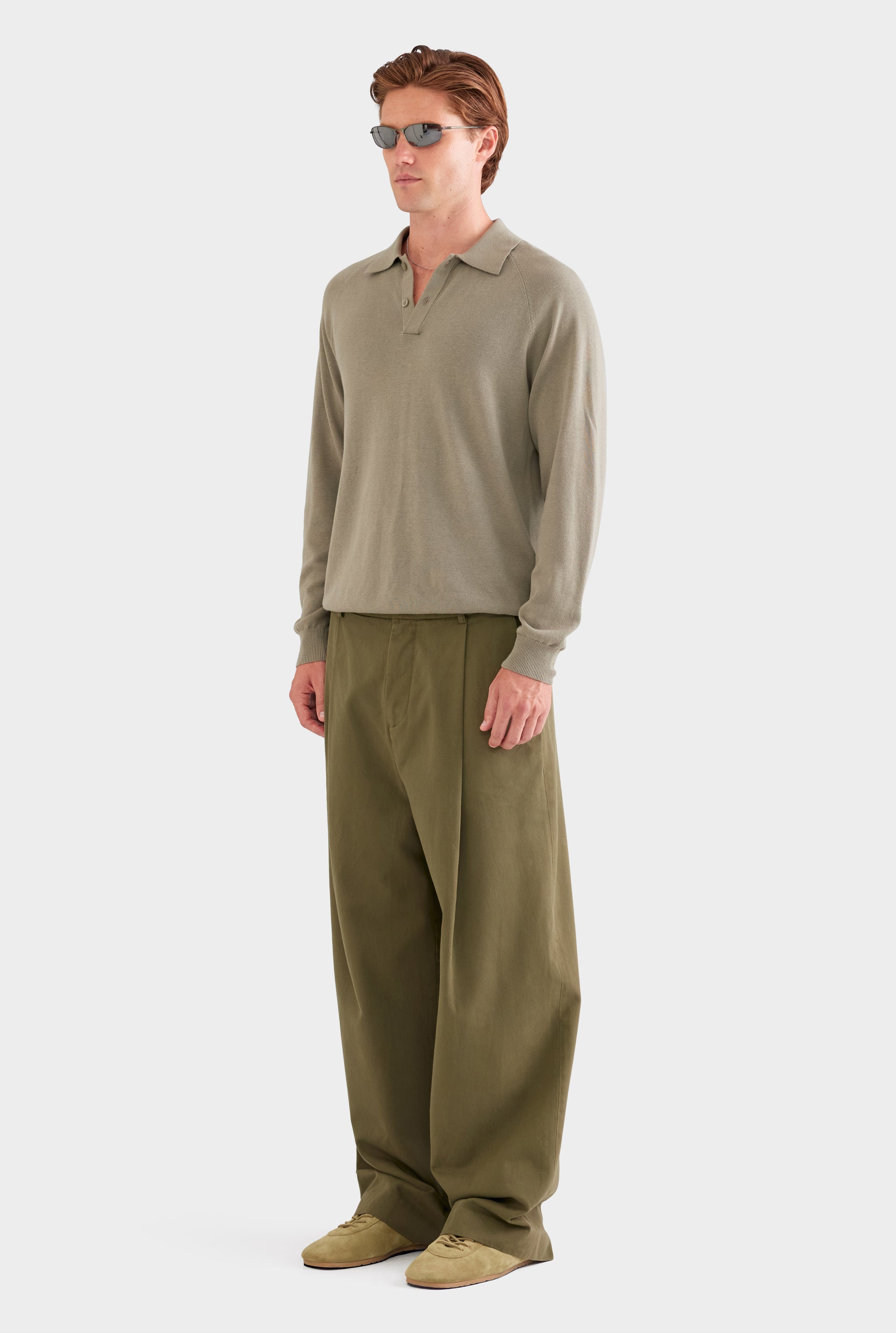 Long Sleeve Cotton Raglan Knit Polo - Smokey Olive