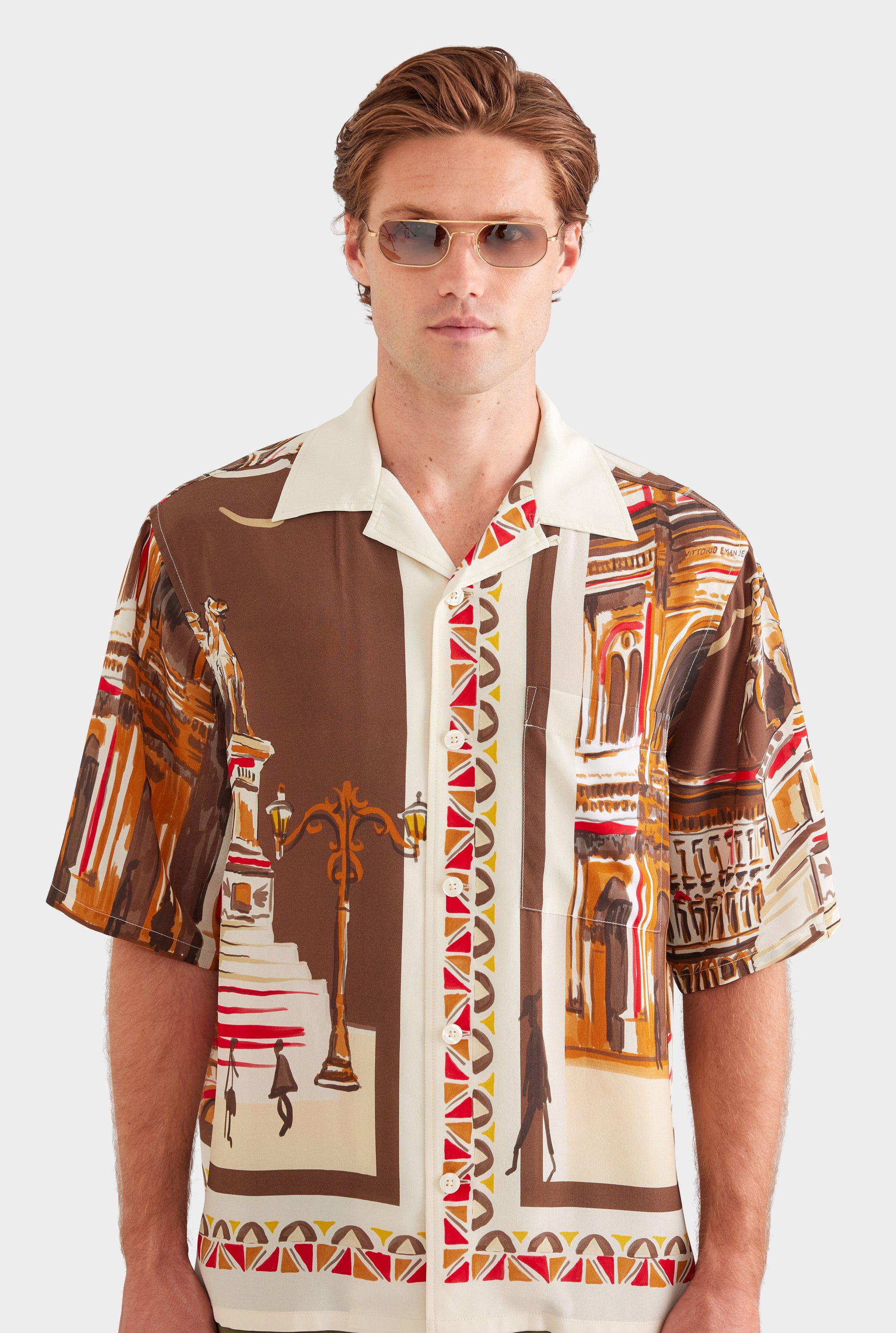Oversized Silk Short Sleeve Shirt - Milano Galleria/Brown