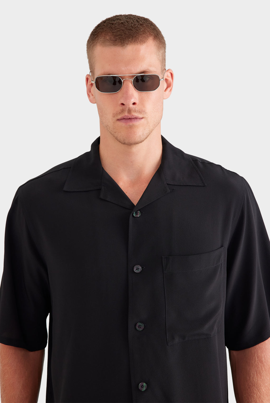 Oversized Relaxed Silk Short Sleeve Shirt - Black