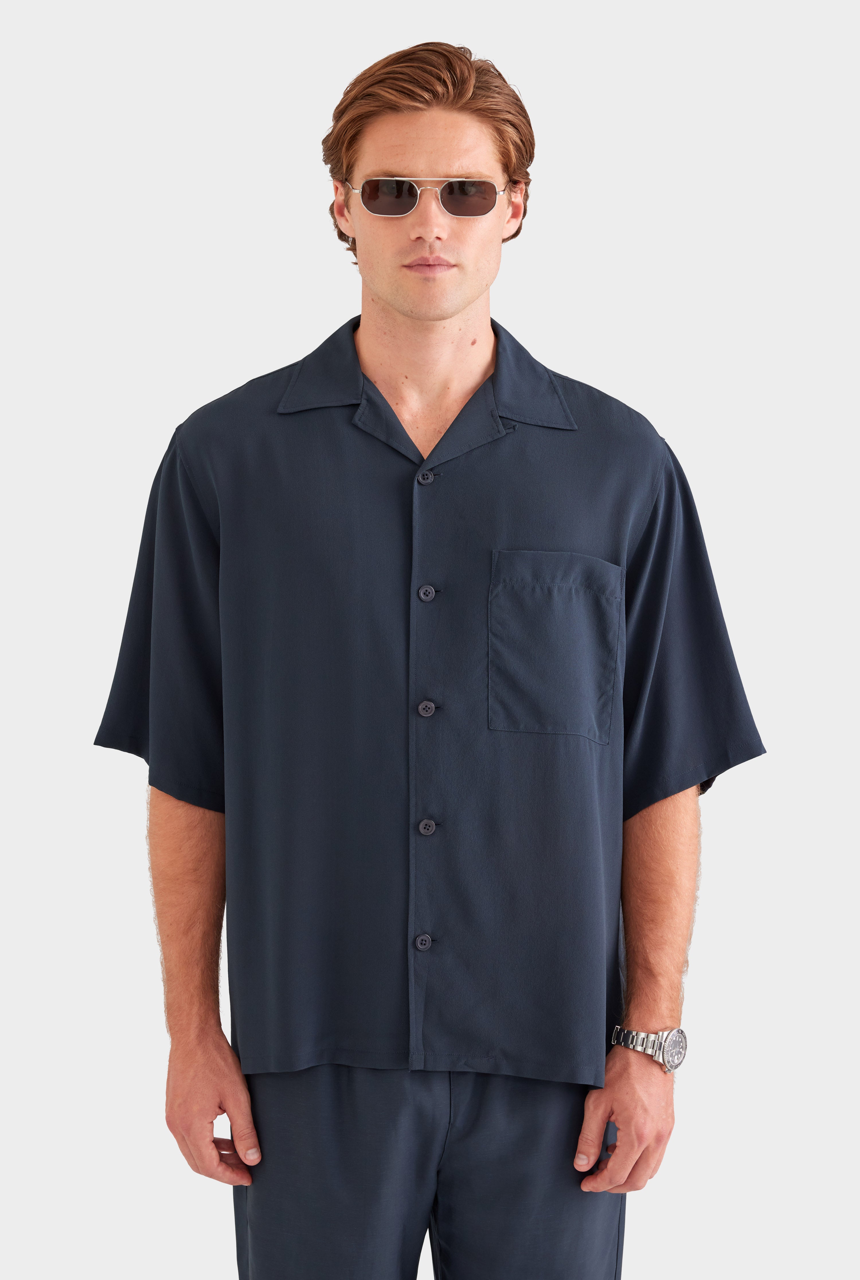 Oversized Relaxed Silk Short Sleeve Shirt - Navy