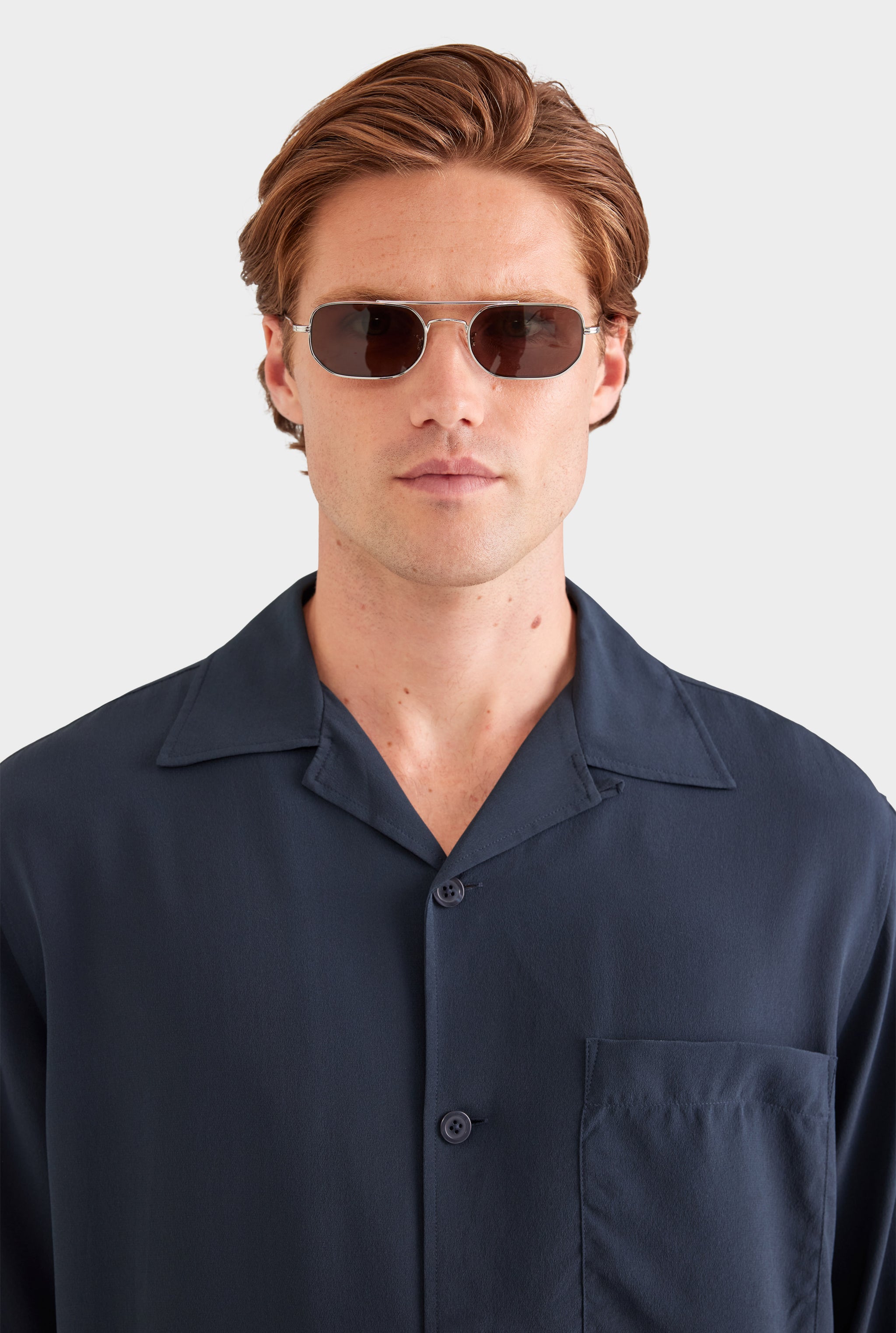 Oversized Relaxed Silk Short Sleeve Shirt - Navy