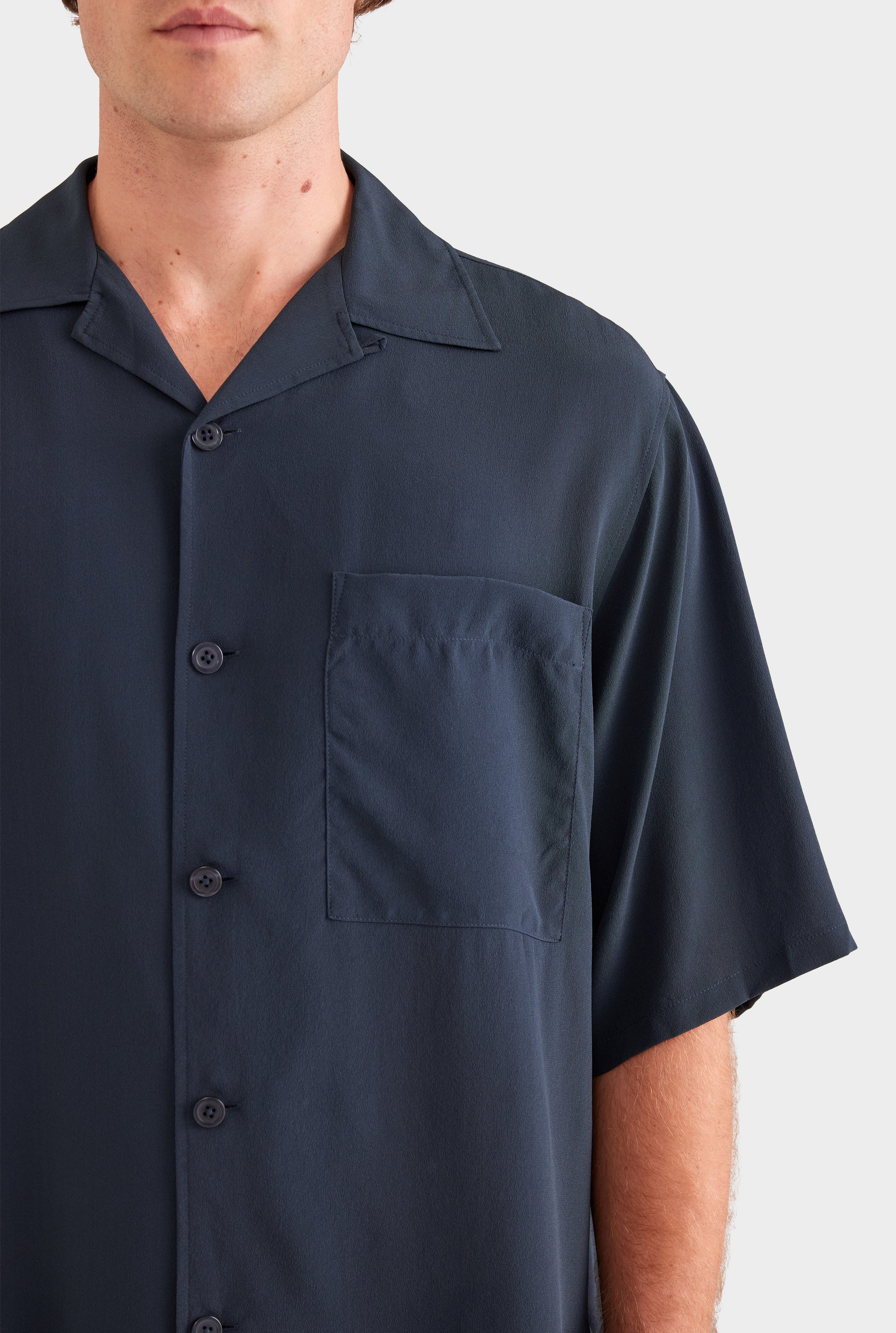 Oversized Relaxed Silk Short Sleeve Shirt - Navy