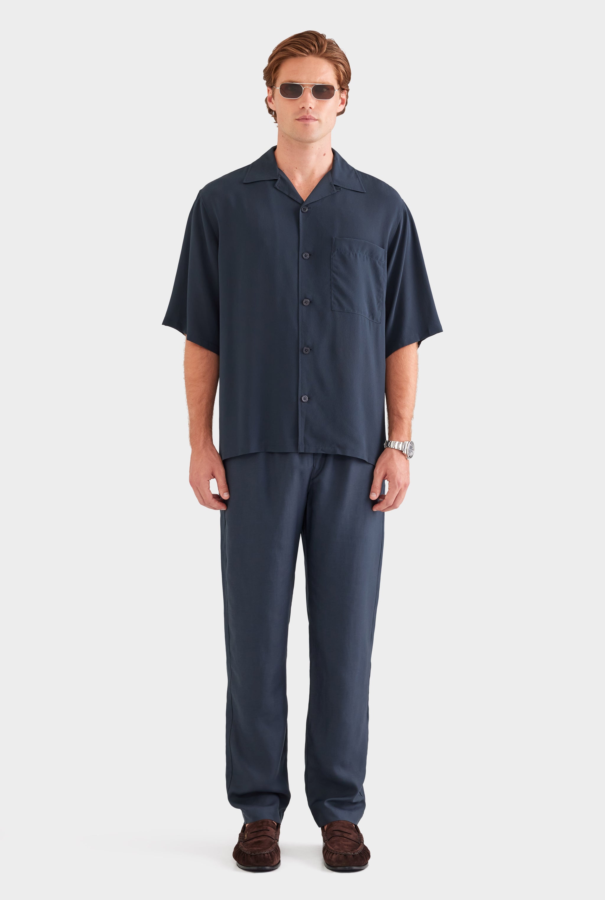 Oversized Relaxed Silk Short Sleeve Shirt - Navy