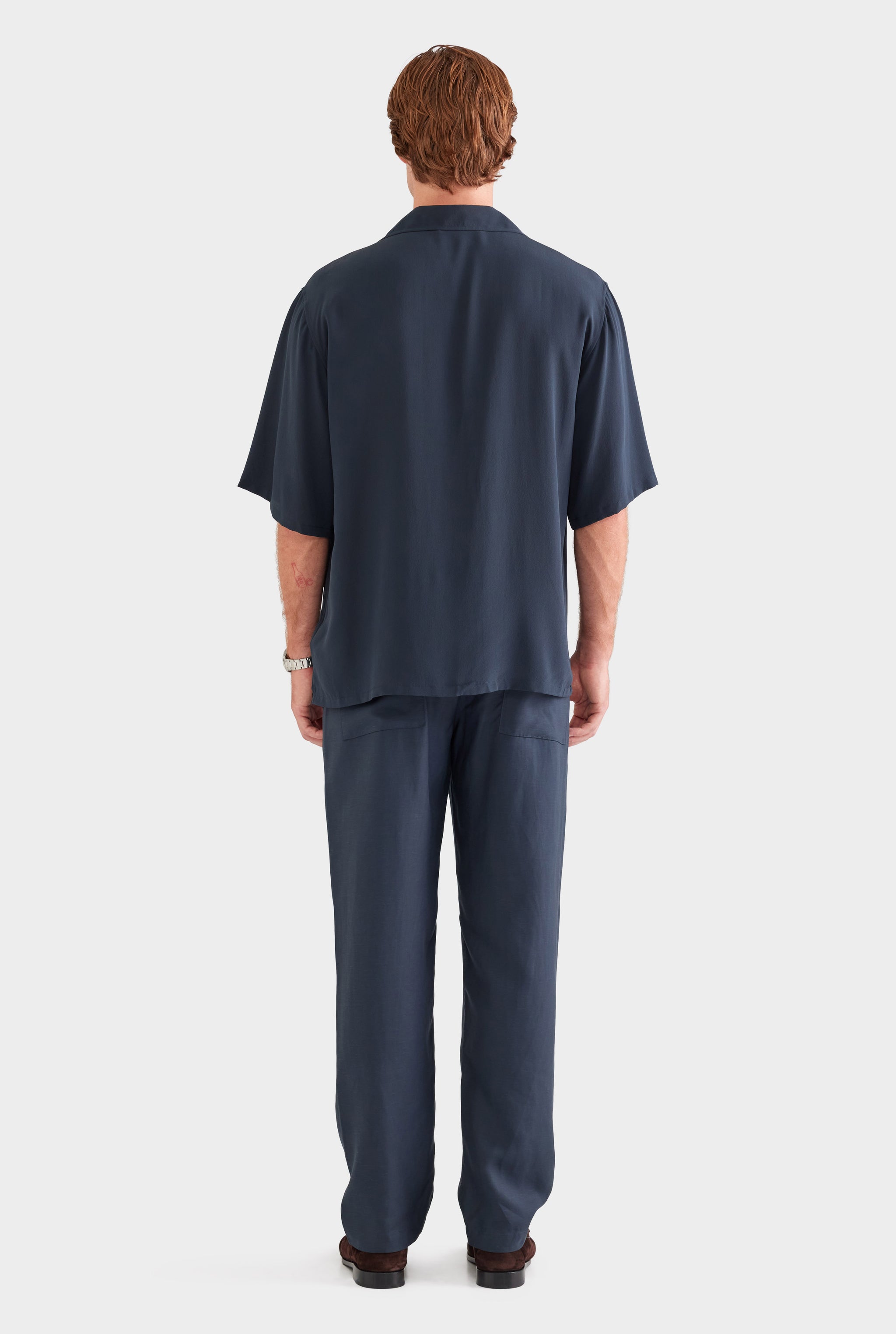Oversized Relaxed Silk Short Sleeve Shirt - Navy