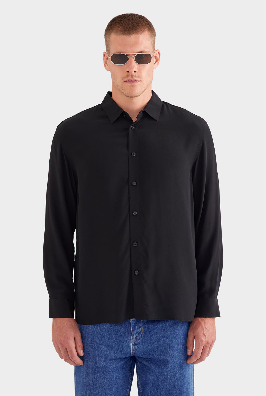Relaxed Silk Long Sleeve Shirt - Black