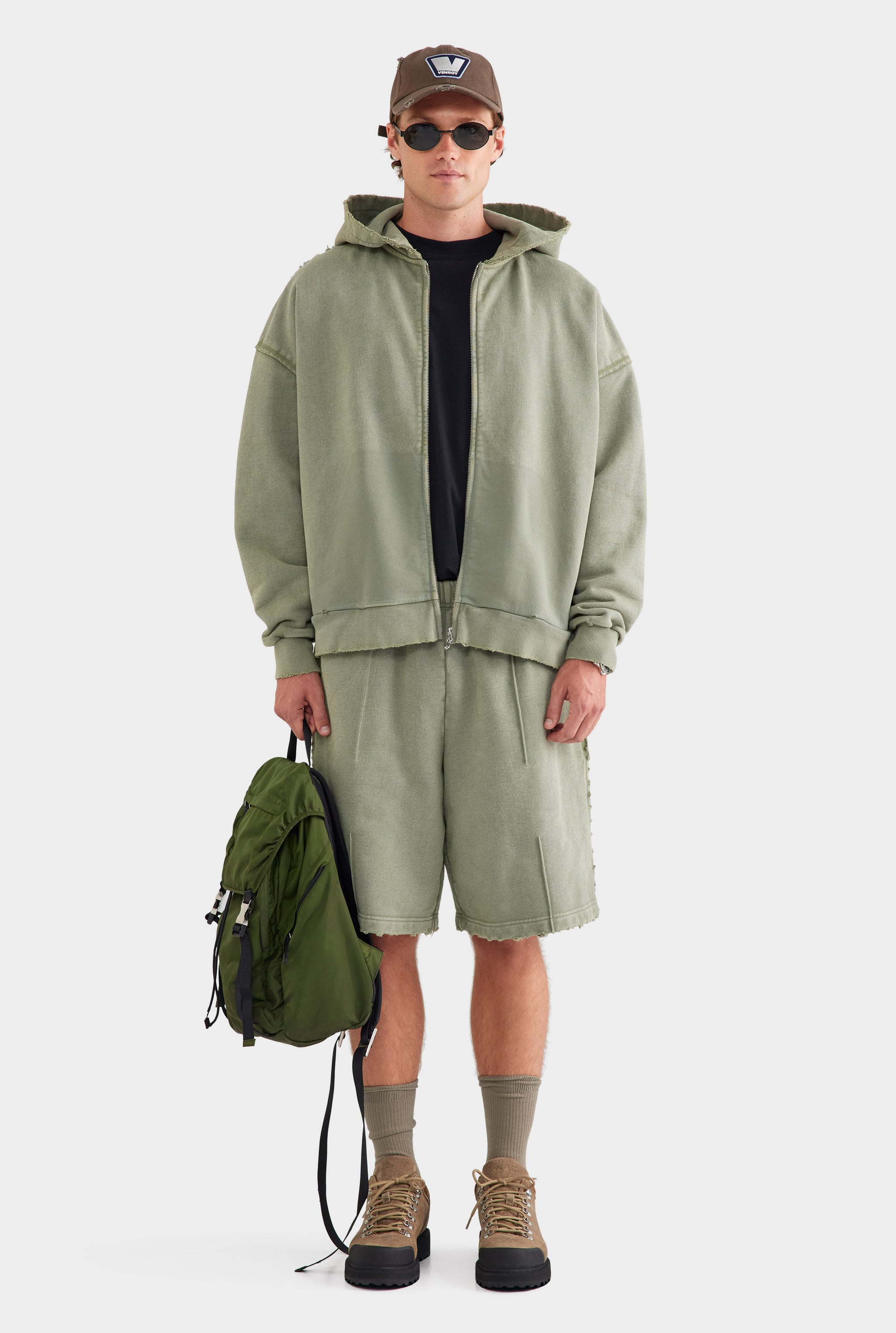 Distressed Heavyweight Track Hoodie - Washed Olive