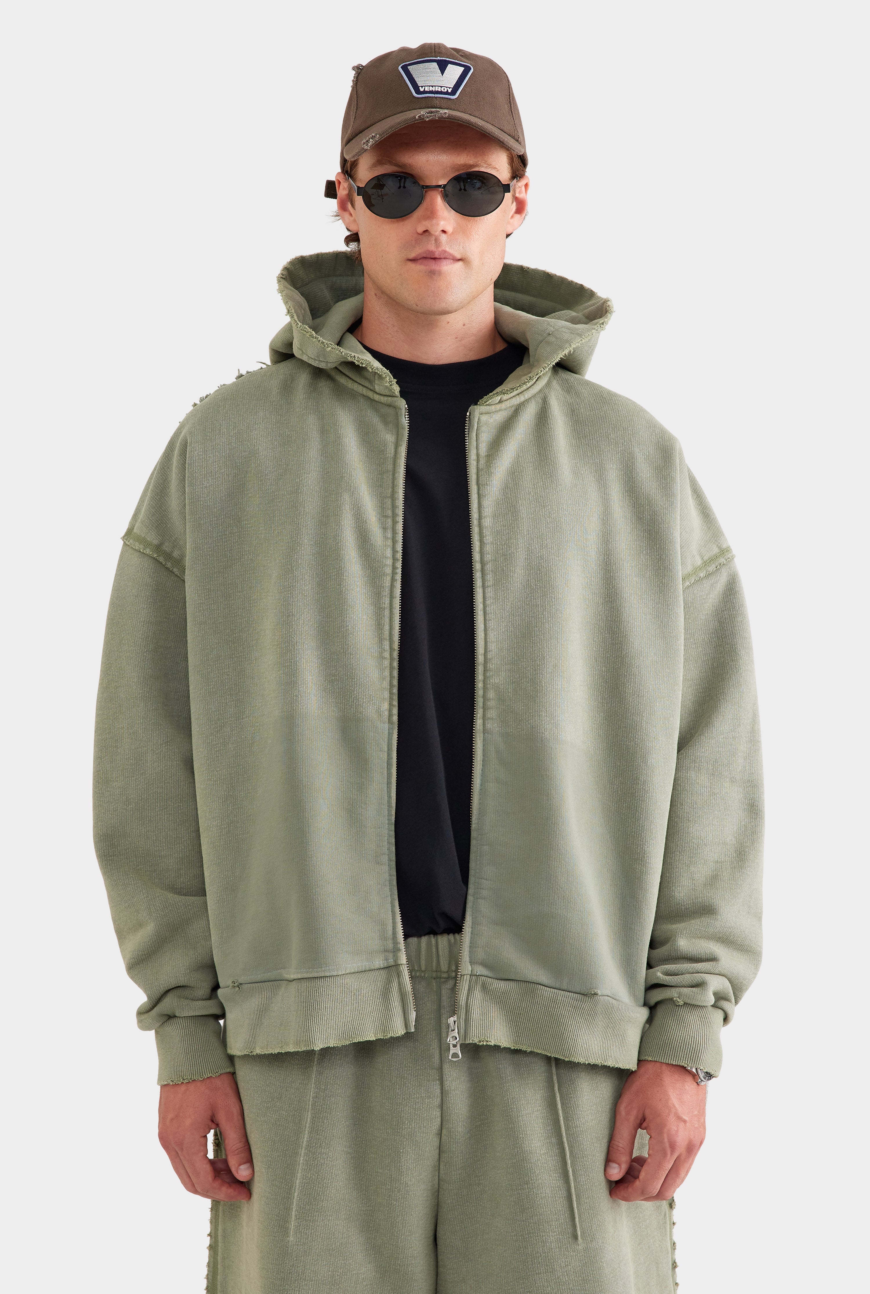 Distressed Heavyweight Track Hoodie - Washed Olive