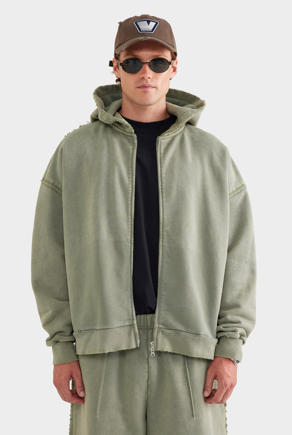Distressed Heavyweight Track Hoodie - Washed Olive