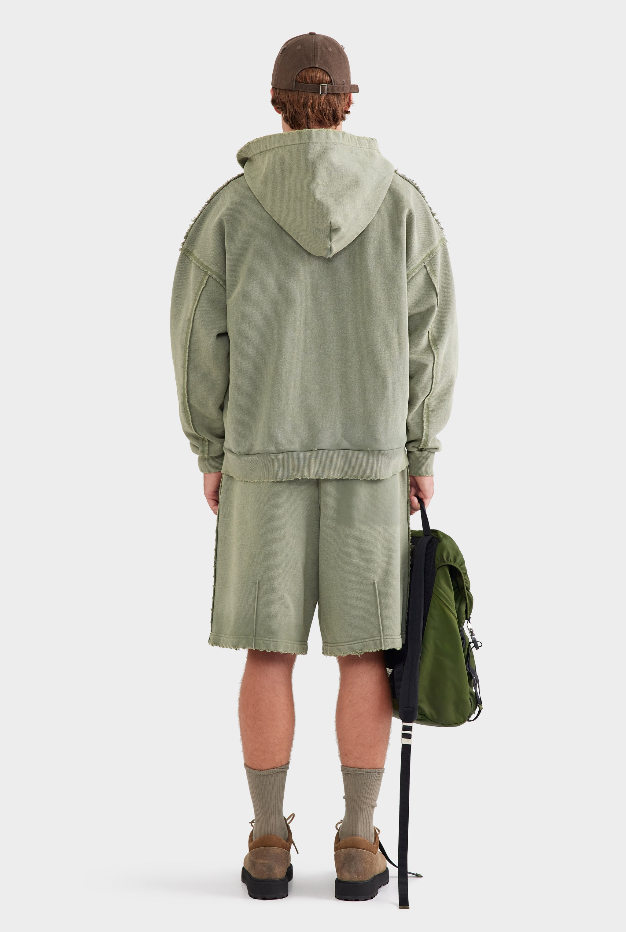 Distressed Heavyweight Track Hoodie - Washed Olive