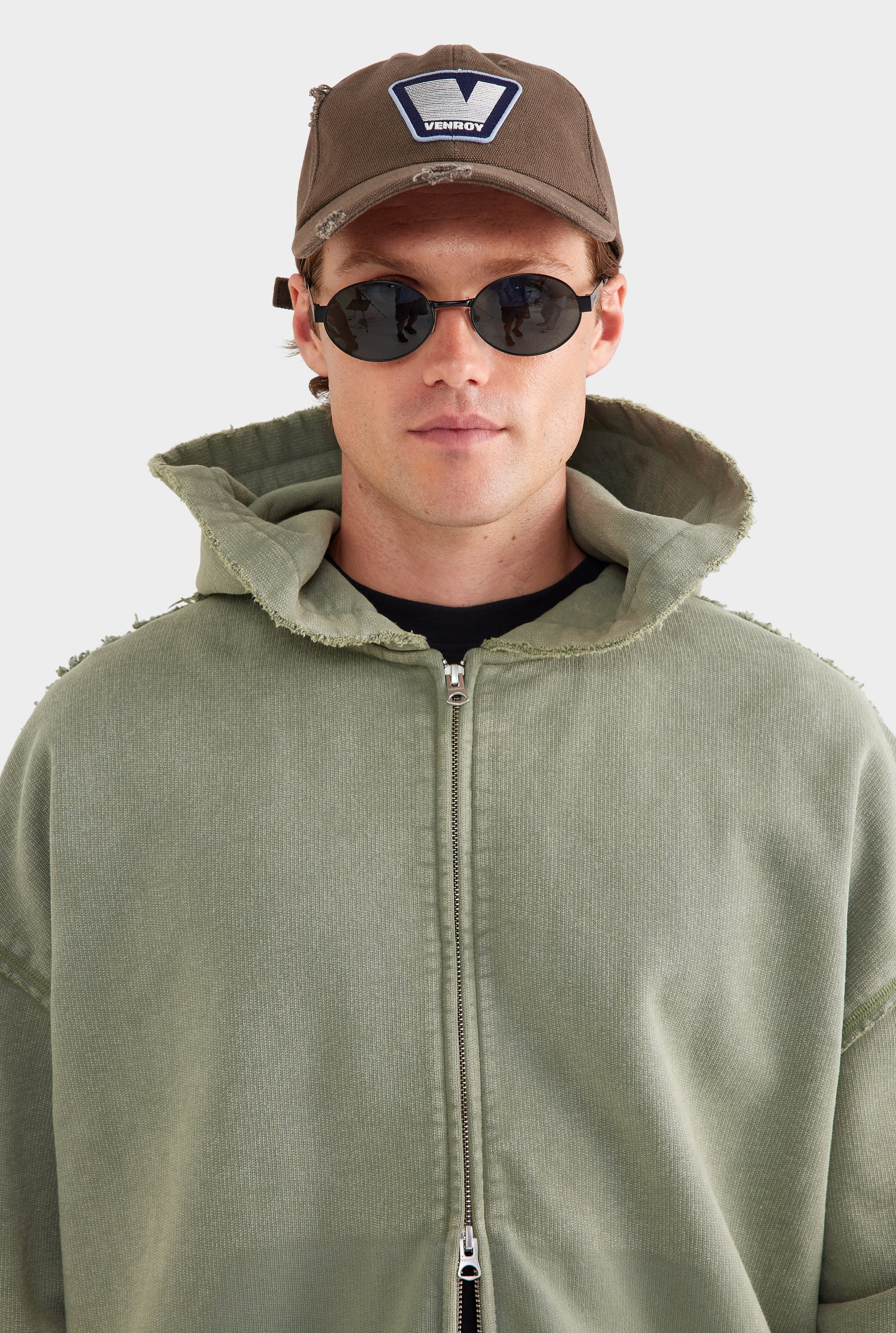 Distressed Heavyweight Track Hoodie - Washed Olive