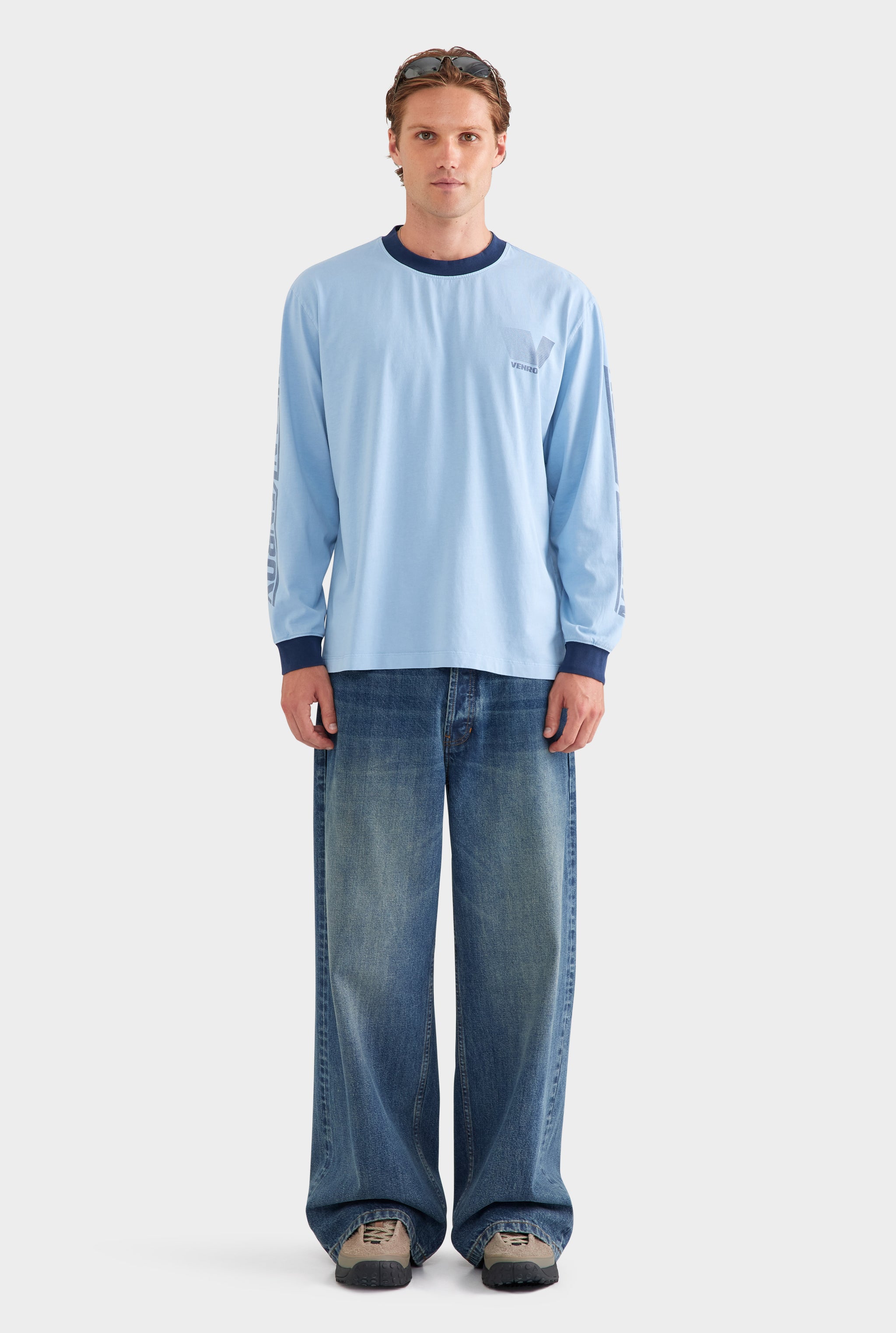 Contrast Long Sleeve T Shirt - Powder Blue/Navy
