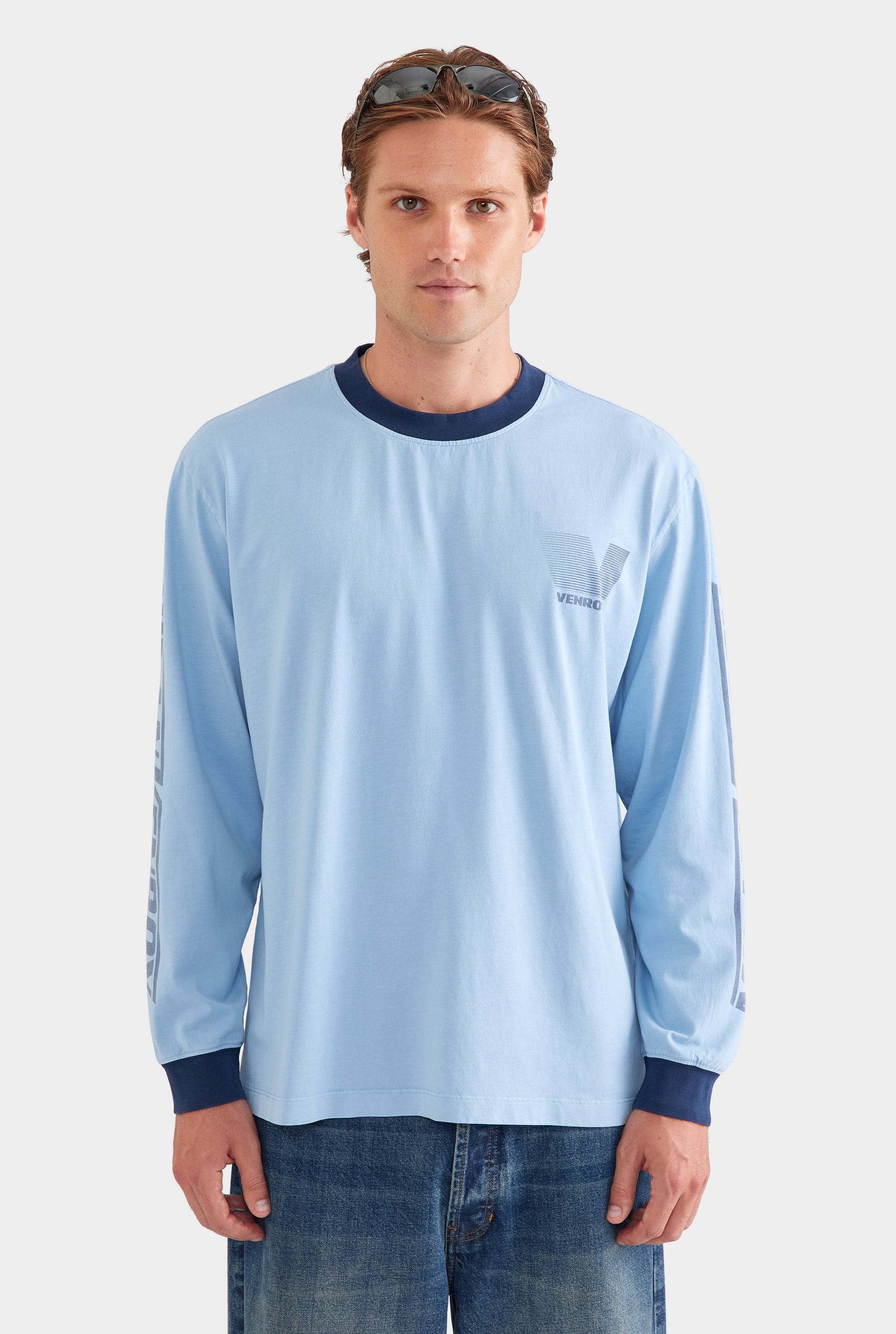 Contrast Long Sleeve T Shirt - Powder Blue/Navy