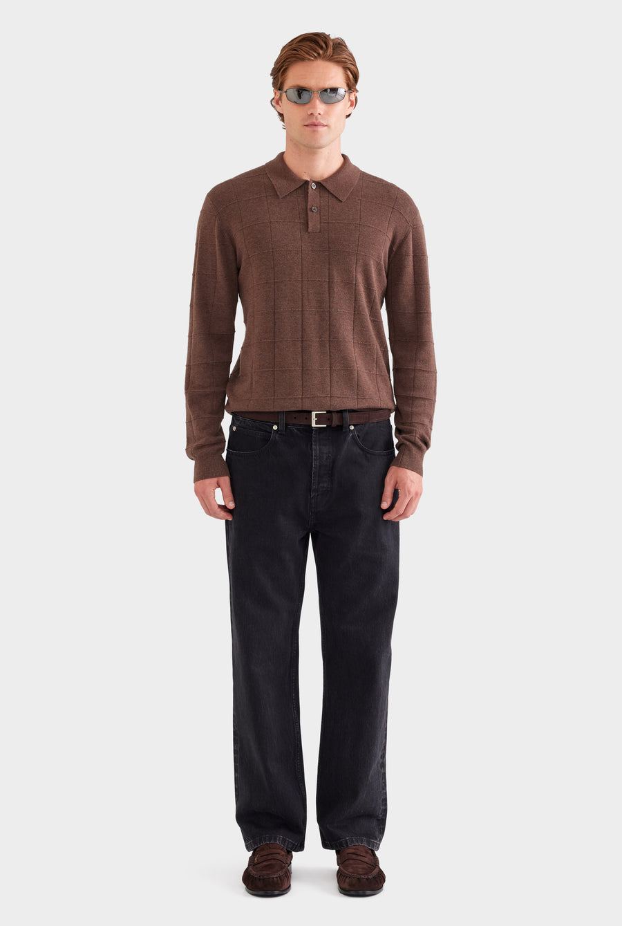 Merino Wool Check Knit Polo - Chocolate Marl