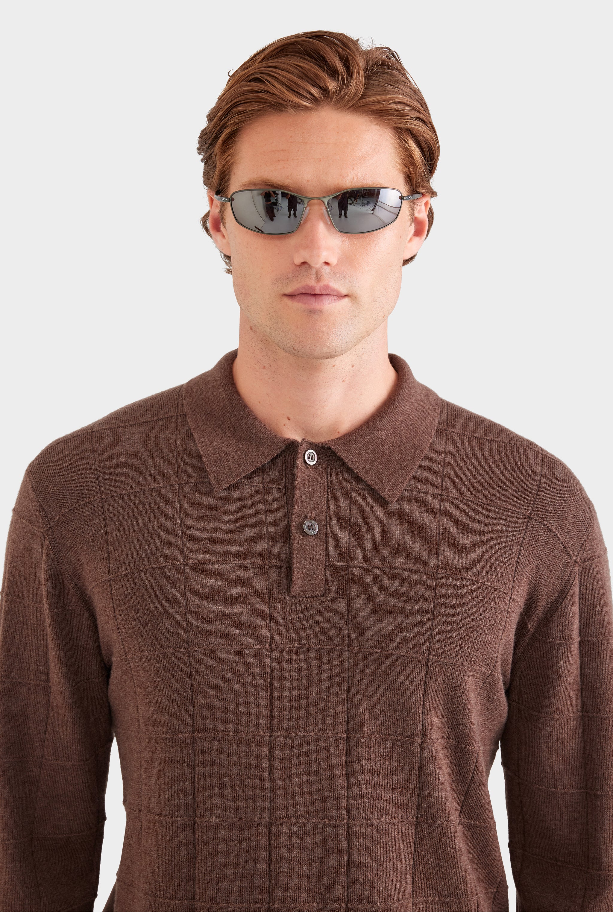 Merino Wool Check Knit Polo - Chocolate Marl