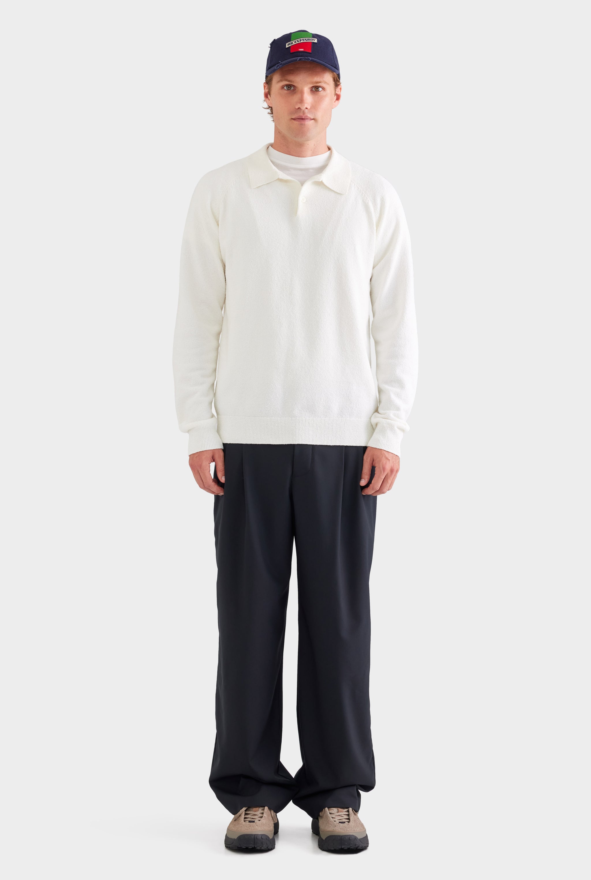 Long Sleeve Boucle Knit Polo - Off White