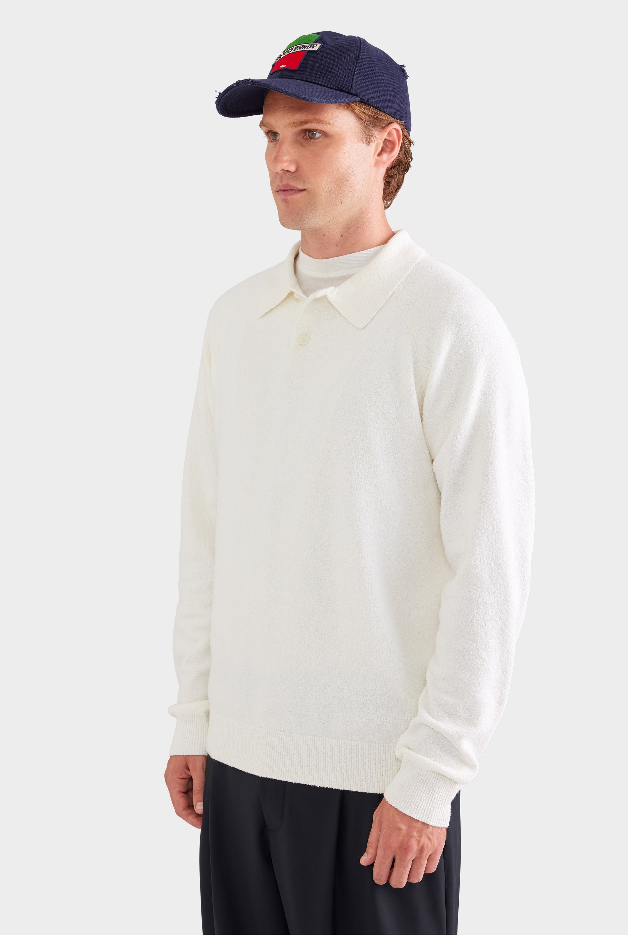 Long Sleeve Boucle Knit Polo - Off White