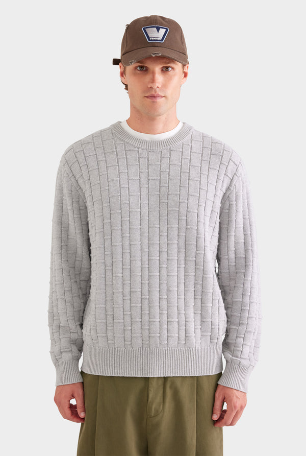 Cotton Cashmere Check Crewneck Sweater - Light Grey Marl