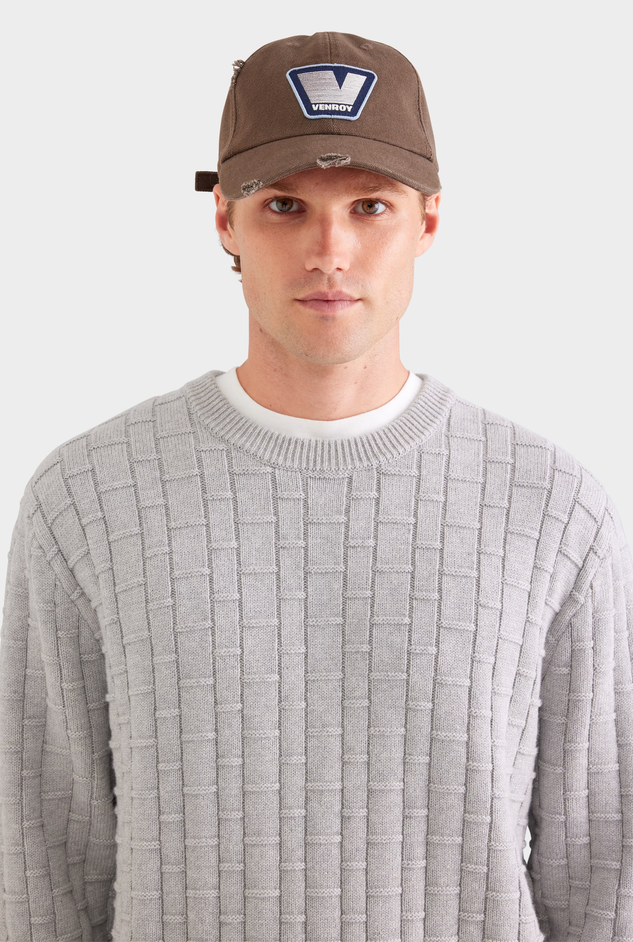 Cotton Cashmere Check Crewneck Sweater - Light Grey Marl