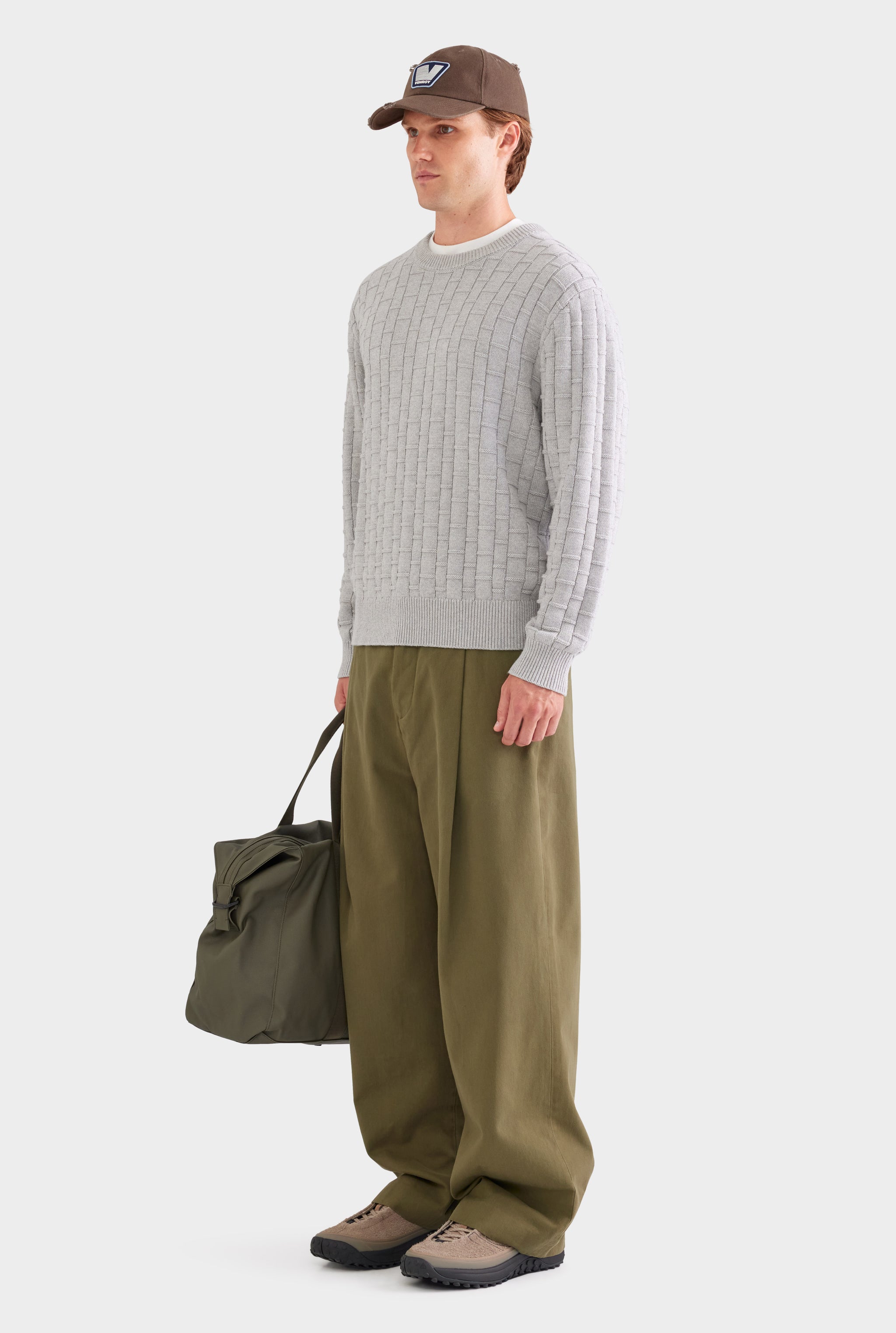 Cotton Cashmere Check Crewneck Sweater - Light Grey Marl